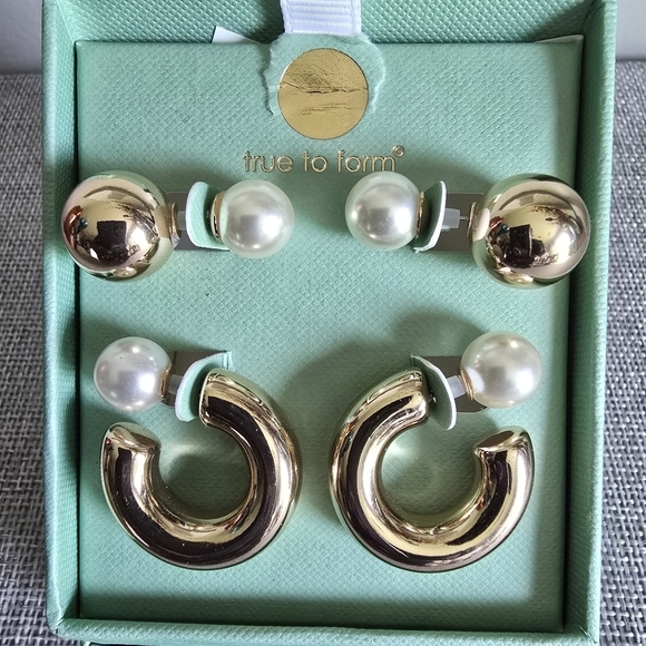 2 Pairs of True to Form Gold Hoop Faux Pearl Ball Earrings. - Picture 2 of 4